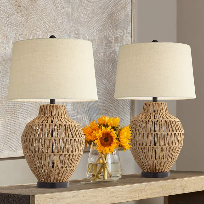 360 Lighting San Marcos 27" Natural Wicker Metal Table Lamps Set of 2