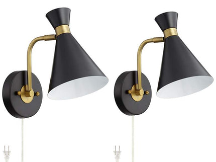 360 Lighting Venice Matte Black Cone Plug-In Wall Lamps Set of 2