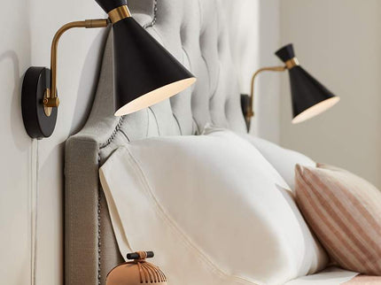 360 Lighting Venice Matte Black Cone Plug-In Wall Lamps Set of 2