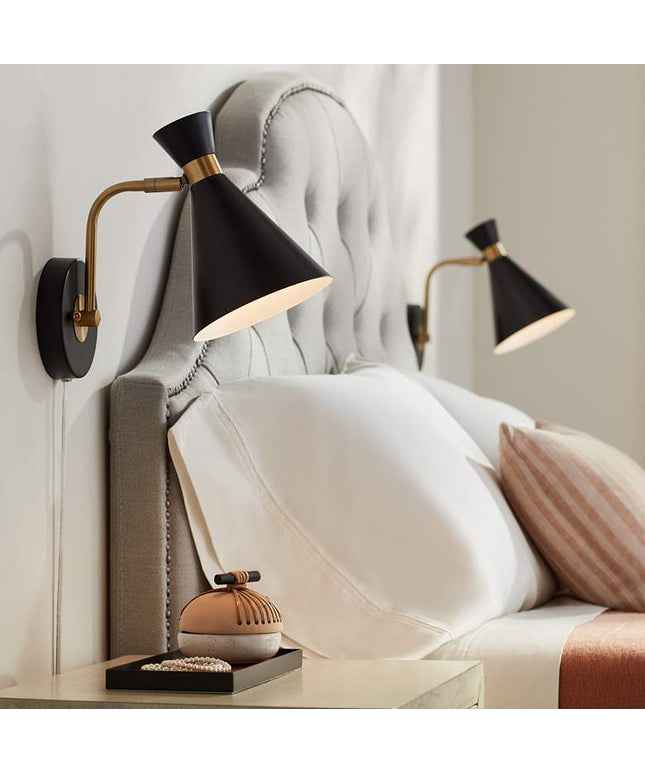 360 Lighting Venice Matte Black Cone Plug-In Wall Lamps Set of 2