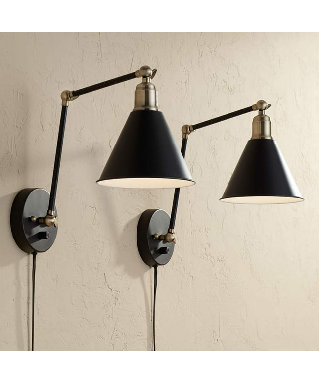 360 Lighting Wray Black and Antique Brass Plug-In Wall Lamps Set of 2