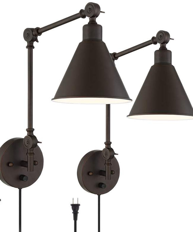 360 Lighting Wray Bronze Metal Adjustable Plug-In Wall Lamps Set of 2