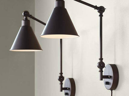 360 Lighting Wray Bronze Metal Adjustable Plug-In Wall Lamps Set of 2