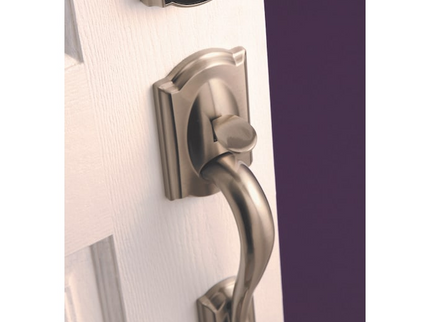 Schlage Camelot Satin Nickel Electronic Keypad Deadbolt and Entry Door Handleset Bundle