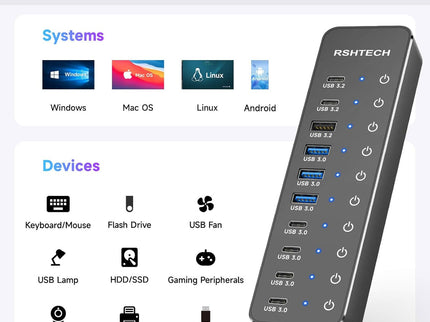 RSHTECH 10 Ports Powered USB 3.2/USB