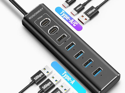 Powered USB Hub, Rosonway 7-Port USB 3.2/USB C Hub