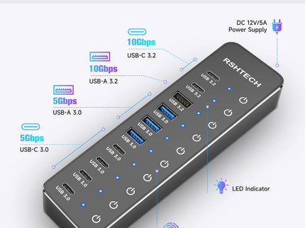 RSHTECH 10 Ports Powered USB 3.2/USB