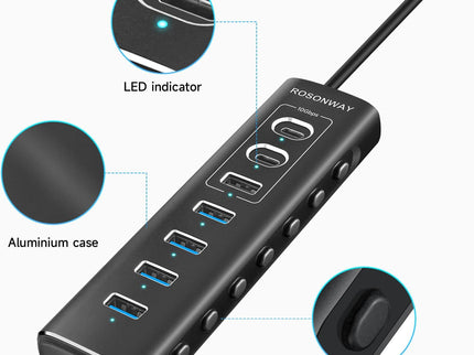 Powered USB Hub, Rosonway 7-Port USB 3.2/USB C Hub
