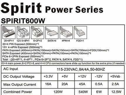 Apevia SPIRIT600W Spirit 600W ATX Power Supply with Auto-Thermally Controlled 120mm Fan, 115/230V Switch, All Protections