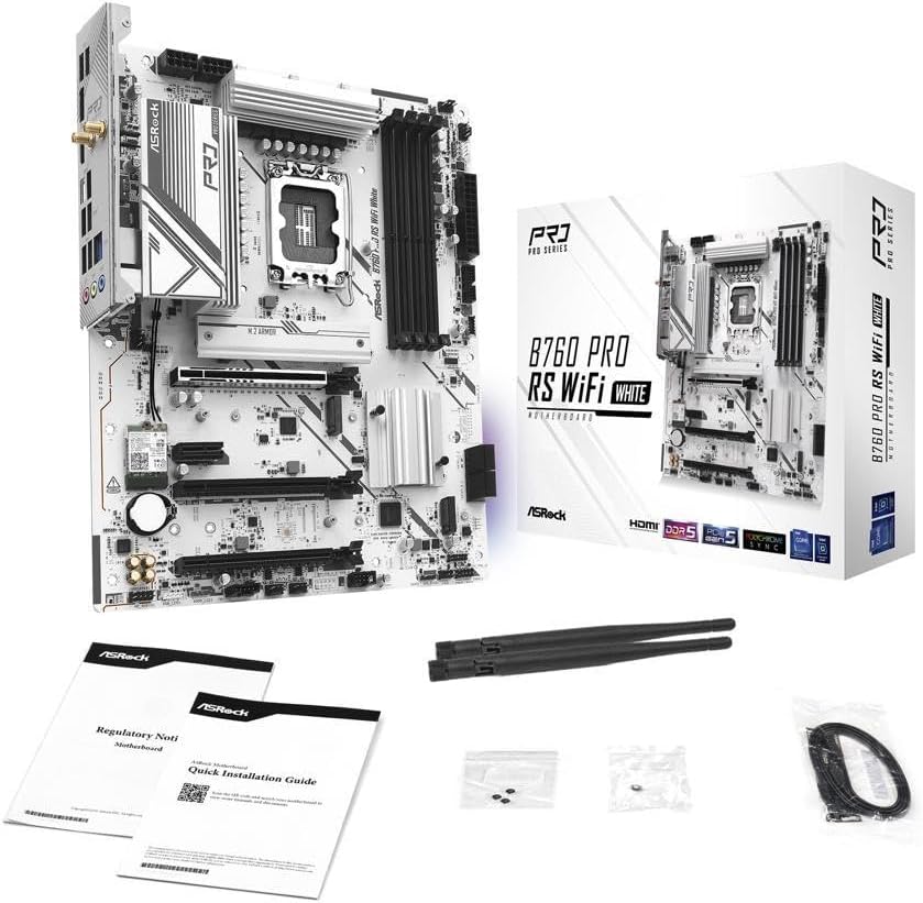 Asrock B760M Pro RS WiFi White Intel Micro ATX Motherboard DDR5 DIMM 7200 MHz 256 GB LGA1700 SATA3 6.0 Gb/s LED M.2