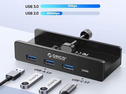ORICO USB Hub 3.0, Clamp USB Hub with Extra Power Supply Port, Aluminum 4-Port USB Adapter with 3 USB-A Data Ports, USB-C Port for Monitors, Desks (Black)