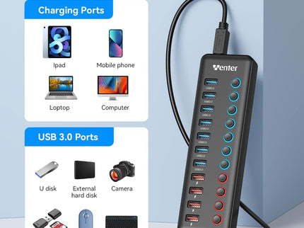 Powered USB 3.0 Hub, Winter 11-Port Hub Splitter