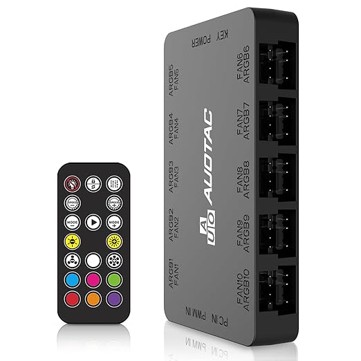 ARGB/PWM Fan Hub with RF Remote – 10 Fans, Dual SATA, Magnetic (Black)