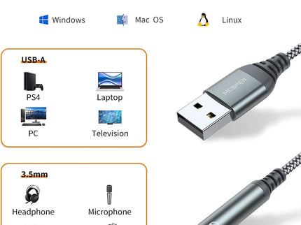 USB to 3.5mm Audio Jack Adapter, External Sound Card Converter Compatible with Headset, PC, Laptop, Mac, Desktops, Linux, PS4 and More Devices (Grey)