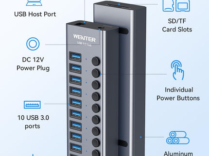 Powered USB 3.0 Hub, Wenter 10 Ports 36W Powered USB Hub