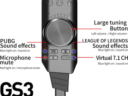 USB Sound Card Virtual 7.1 Surround Sound USB External Sound Card Adapter with PUBG Sound Effects for PC/PS4/PS5/Mac/Gaming Headset,Plug and Play