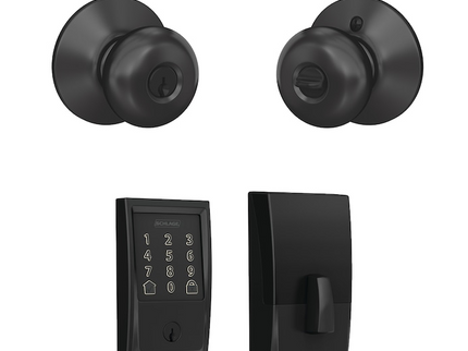 Schlage Encode Century Matte Black Electronic Deadbolt and Plymouth Keyed Entry Door Knob Bundle