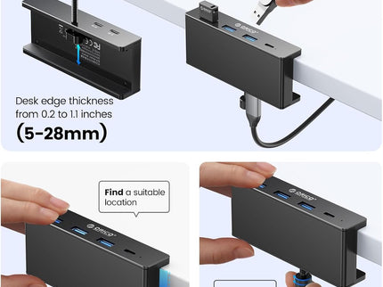 ORICO USB Hub 3.0, Clamp USB Hub with Extra Power Supply Port, Aluminum 4-Port USB Adapter with 3 USB-A Data Ports, USB-C Port for Monitors, Desks (Black)