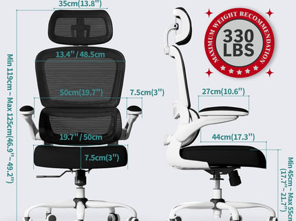 TRALT Ergonomic Office Chair – Mesh, High Back, Wheels – Black & White