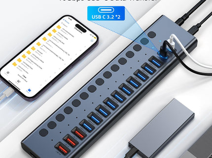 Powered USB Hub 10Gbps, 17 Ports 96W USB 3.2 Hub
