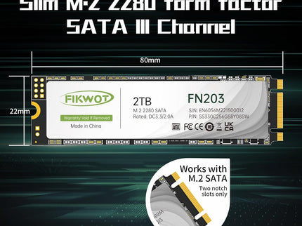 FN203 M.2 SATA SSD - SLC Cache 3D NAND TLC SATA III 6Gb/s M.2 2280 NGFF Internal Solid State Drive, Up to 550MB/s, Compatible with Ultrabooks, Tablet Computers and Mini PCs (2TB)