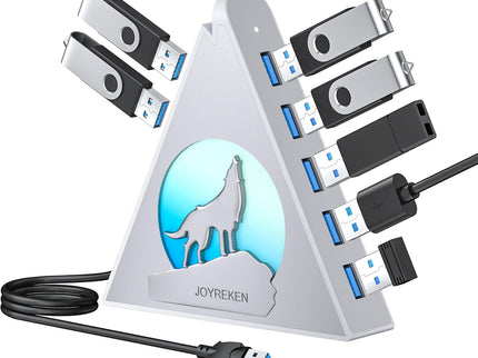 7 Port USB Hub, JoyReken USB 3.0 Hub with 2 FT Long Cable, Vertical USB Extension Hub for Laptop, MacBook,Xbox,PS4/5, Flash Drive, XPS, PC, Flash Drive, Game Console, Printer, Keyborad, Mouse (Silver)