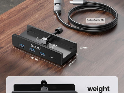 ORICO USB Hub 3.0, Clamp USB Hub with Extra Power Supply Port, Aluminum 4-Port USB Adapter with 3 USB-A Data Ports, USB-C Port for Monitors, Desks (Black)