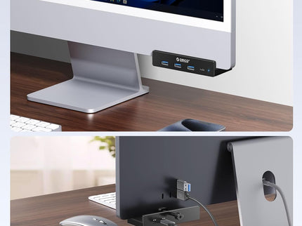 ORICO USB Hub 3.0, Clamp USB Hub with Extra Power Supply Port, Aluminum 4-Port USB Adapter with 3 USB-A Data Ports, USB-C Port for Monitors, Desks (Black)