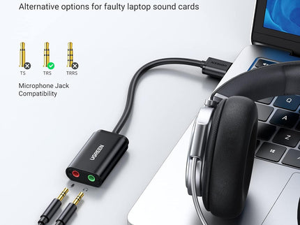 UGREEN USB to Audio Jack Sound Card Adapter with Dual TRS 3-Pole 3.5mm Headphone and Microphone USB to Aux 3.5mm External Audio Converter for Windows Mac Linux PC Laptops Desktops PS5 Switch 2