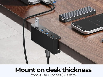 ORICO USB Hub 3.0, Clamp USB Hub with Extra Power Supply Port, Aluminum 4-Port USB Adapter with 3 USB-A Data Ports, USB-C Port for Monitors, Desks (Black)