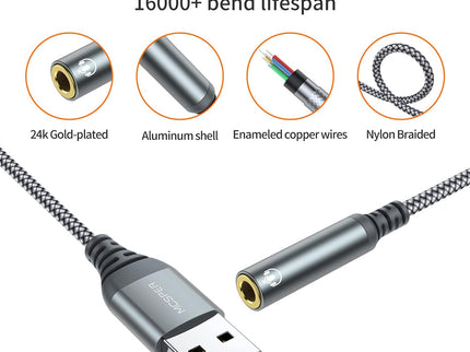 USB to 3.5mm Audio Jack Adapter, External Sound Card Converter Compatible with Headset, PC, Laptop, Mac, Desktops, Linux, PS4 and More Devices (Grey)