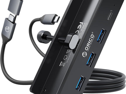 ORICO USB Hub 3.0, Clamp USB Hub with Extra Power Supply Port, Aluminum 4-Port USB Adapter with 3 USB-A Data Ports, USB-C Port for Monitors, Desks (Black)