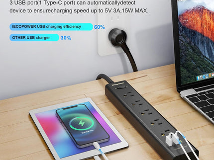 2 Pack Power Strip Surge Protector-5 Widely Spaced Outlets 3 USB Port