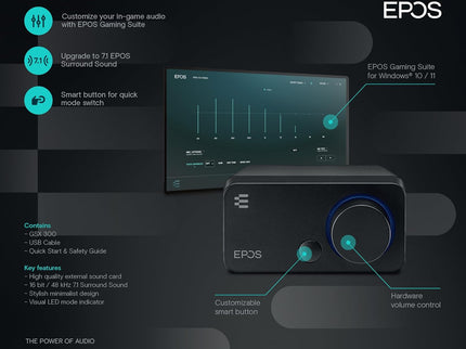 EPOS GSX 300 - External Computer Sound Card - High-Resolution Stereo & 7.1 Surround Sound - LED Volume Dial; Customizable Smart Button - Windows 10 Synchronized
