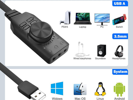 MEIRIYFA External USB Sound Card Virtual 7.1 Surround Sound USB 2.0 Sound Card Adapter for PC with Volume Control, USB to 3.5mm Jack Audio Adapter Cable Plug and Play