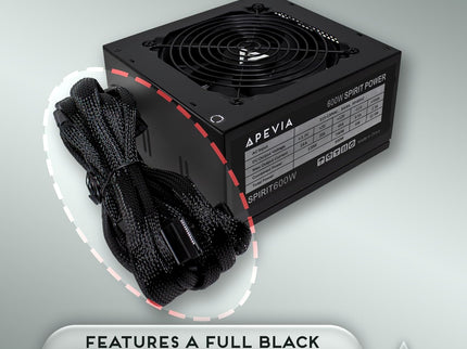 Apevia SPIRIT600W Spirit 600W ATX Power Supply with Auto-Thermally Controlled 120mm Fan, 115/230V Switch, All Protections