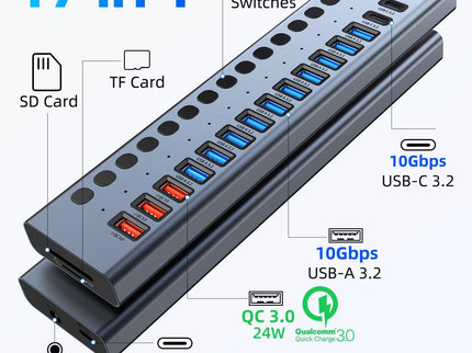 Powered USB Hub 10Gbps, 17 Ports 96W USB 3.2 Hub