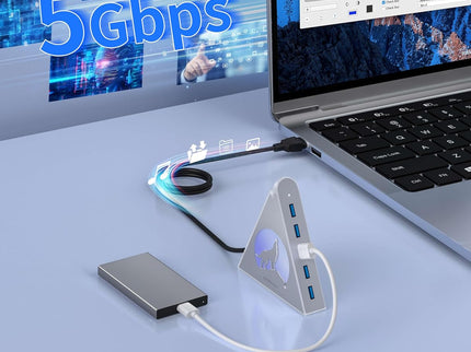 7 Port USB Hub, JoyReken USB 3.0 Hub with 2 FT Long Cable, Vertical USB Extension Hub for Laptop, MacBook,Xbox,PS4/5, Flash Drive, XPS, PC, Flash Drive, Game Console, Printer, Keyborad, Mouse (Silver)