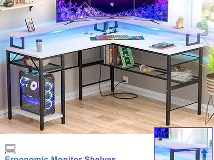 Unikito L-Shaped Desk – White, Reversible with LED Strip