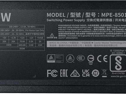 Cooler Master MWE Gold 850 V2 Full Modular, 850W, 80+ Gold Efficiency, 2 EPS Connectors, 120mm HDB Fan, Semi-fanless Operation, 5 Year Warranty