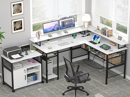 Unikito L-Shaped Desk – White, Reversible with LED Strip