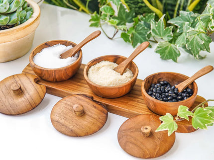 Teak Wood Condiment Dipping Bowl with Lid and Tray Set