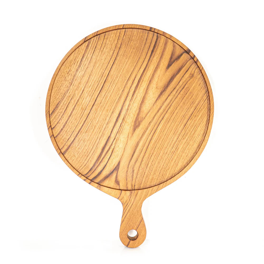 12 Inch Teak Wood Pizza Board with Handle & Rim