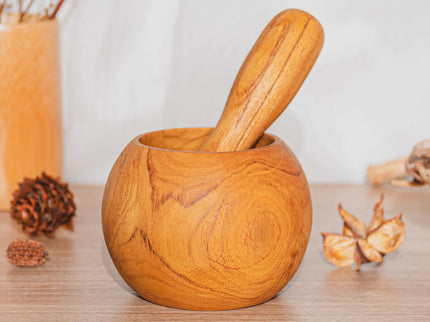 Round Teak Wood Mortar and Pestle