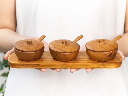 Teak Wood Condiment Dipping Bowl with Lid and Tray Set