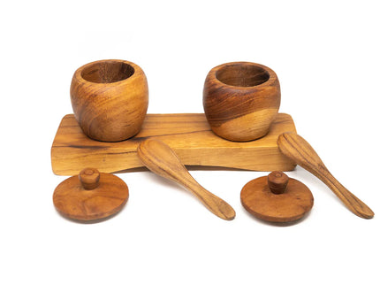 Teak Wood Spice Jar Set with Tray and Spoons