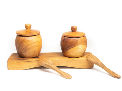 Teak Wood Spice Jar Set with Tray and Spoons