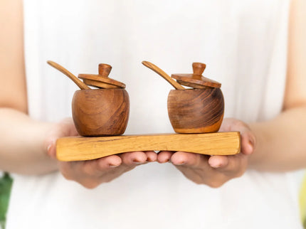 Teak Wood Spice Jar Set with Tray and Spoons