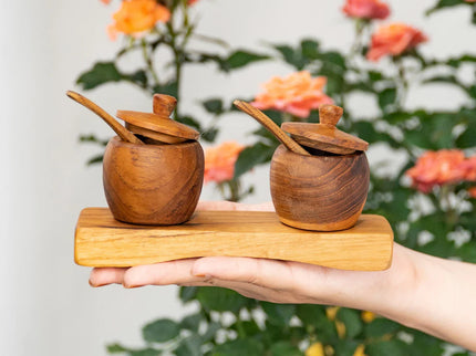 Teak Wood Spice Jar Set with Tray and Spoons