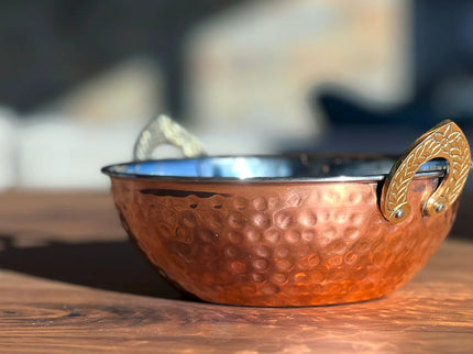 Indian Handi Serving Bowl - Hammered Copper Double Walled